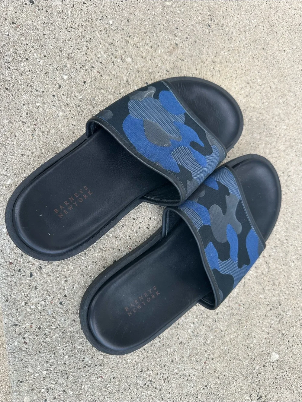 Barneys New York Black Slide Sandals with Blue Camo Strap